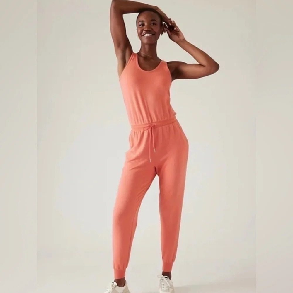 ATHLETA Balance Jumpsuit Size Large Soft Persimmon Lounge Comfortable Travel - Picture 6 of 7